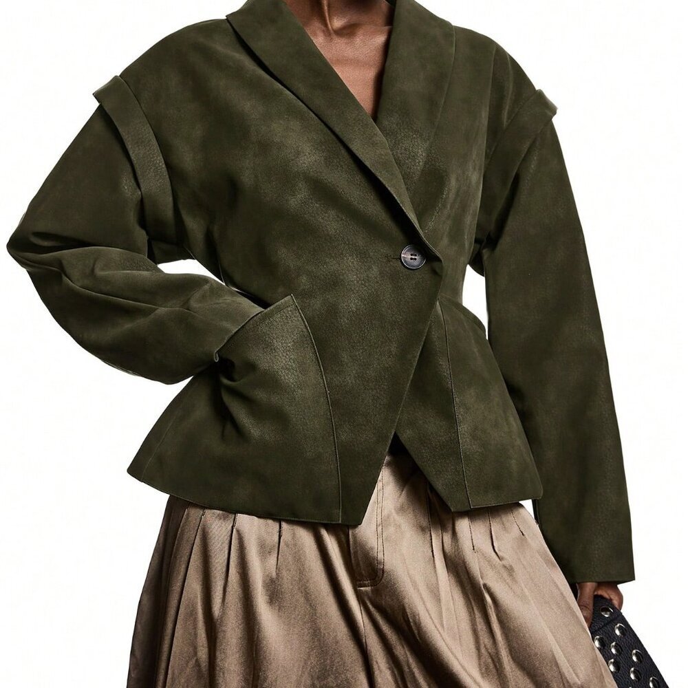 Casual Army Green Women's Minimalist Long Sleeve Single-Button Jacket